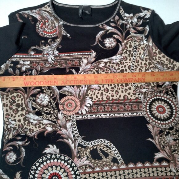Vintage Y2K New Directions Petite Shirt PXL Black Cat Print Mandala Chain Bling - Picture 7 of 10